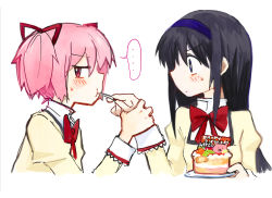 Rule 34 | ..., 10s, 2girls, :t, akemi homura, birthday, birthday cake, black hair, blush, cake, eating, feeding, food, fork, from side, full mouth, hair ribbon, headband, kaname madoka, long hair, looking at another, looking at viewer, looking away, mahou shoujo madoka magica, mahou shoujo madoka magica (anime), mahou shoujo madoka magica movie 1 &amp; 2, multiple girls, pink hair, plate, profile, ribbon, school uniform, silverxp, simple background, twintails, white background, wide-eyed, yuri