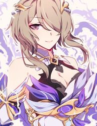 Rule 34 | 1girl, aer007580, bare shoulders, breasts, brown hair, cleavage, hair ornament, hair over one eye, highres, honkai (series), honkai impact 3rd, large breasts, looking at viewer, mole, mole under eye, purple eyes, rita rossweisse, rita rossweisse (spina astera), smile, solo