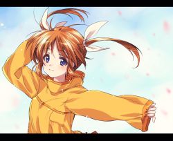 Rule 34 | 1girl, blue sky, blurry, blush, closed mouth, cloud, cloudy sky, commentary, day, hair ribbon, hand on own head, highres, kuroi mimei, letterboxed, light blush, light particles, long sleeves, looking at viewer, lyrical nanoha, orange shirt, outdoors, petals, ribbon, shirt, short hair, sky, sleeves past wrists, smile, solo, takamachi nanoha, twintails, upper body, white ribbon, wind