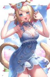 Rule 34 | 1girl, :d, animal ears, aqua eyes, bare arms, blue dress, blue flower, blurry, blurry background, blush, border, breasts, brown hair, cat ears, cat girl, cat tail, claw pose, cleavage, commentary, commission, cowboy shot, detached collar, dress, flower, hair flower, hair ornament, highres, looking at viewer, medium breasts, medium hair, multicolored hair, open mouth, original, petals, red flower, red hair, skeb commission, sleeveless, sleeveless dress, smile, solo, standing, streaked hair, suraimu (suraimuraimu), swept bangs, tail, teeth, upper teeth only