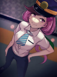 Rule 34 | 1girl, at2., black pants, blue necktie, blush, character request, closed mouth, copyright request, hair ornament, hat, heart, heart hair ornament, long hair, looking at viewer, necktie, pants, ponytail, purple eyes, purple hair, shirt, short sleeves, smile, solo, striped necktie, white shirt