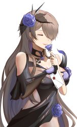 Rule 34 | 1774264015, 1girl, bare shoulders, breasts, brown hair, cleavage, closed eyes, closed mouth, flower, gloves, hair flower, hair ornament, highres, holding, honkai (series), honkai impact 3rd, large breasts, letter, lipstick, long hair, love letter, makeup, mole, mole under eye, purple flower, purple rose, rita rossweisse, rita rossweisse (fallen rosemary), rose, simple background, single glove, solo, white background