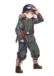 Rule 34 | 1girl, ammunition belt, assault rifle, backpack, bag, blonde hair, blue eyes, boots, brown footwear, closed eyes, closed mouth, company of heroes, german army, goggles, goggles on headwear, green jacket, green pants, gun, hat, helmet, holding, holding gun, holding weapon, jacket, long sleeves, military, military hat, military jacket, military uniform, original, pants, rifle, short hair, simple background, solo, stg44, sturmpioneer (company of heroes), transparent background, uniform, v-shaped eyebrows, weapon, white background, world war ii, zhainan s-jun