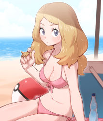 Rule 34 | 1girl, absurdres, arm support, bad id, bad pixiv id, bikini, blush, bottle, breasts, cleavage, closed mouth, collarbone, commentary, creatures (company), day, eyelashes, game freak, grey eyes, halterneck, hand up, highres, light brown hair, long hair, looking at viewer, navel, nintendo, nutkingcall, outdoors, pink bikini, pokemon, pokemon xy, sand, serena (pokemon), shiny skin, shore, side-tie bikini bottom, sitting, solo, swimsuit, water, water bottle, wet