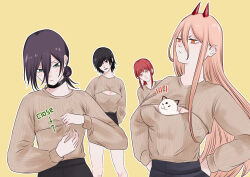 Rule 34 | 1other, 4girls, absurdres, animal between breasts, arms behind back, bad id, bad pixiv id, black choker, black hair, braid, braided ponytail, breast padding, breasts, brown sweater, cat, chainsaw man, choker, cleavage cutout, clothing cutout, cross-shaped pupils, eyepatch, hair between eyes, hands on own hips, head tilt, highres, himeno (chainsaw man), horns, long hair, looking at another, looking to the side, makima (chainsaw man), medium breasts, medium hair, meowy (chainsaw man), multiple girls, open mouth, outline, pink hair, power (chainsaw man), purple hair, red hair, red horns, reze (chainsaw man), ringed eyes, short hair, simple background, small breasts, smile, sweater, symbol-shaped pupils, toukaairab, white cat, white outline, yellow background, yellow eyes