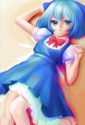 Rule 34 | 1girl, absurdres, blue dress, blue eyes, blue hair, bow, bowtie, chromatic aberration, cirno, dress, hair bow, highres, ice, ice wings, lying, on back, puffy short sleeves, puffy sleeves, red bow, red bowtie, short sleeves, skullchimes, smile, solo, touhou, wings
