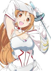 Rule 34 | 1girl, :d, armpits, asuna (sao), breasts, brown eyes, brown hair, cleavage, gloves, holding, holding sword, holding weapon, long hair, looking at viewer, medium breasts, open mouth, simple background, smile, solo, sword, sword art online, umanosuke, weapon, white background, white gloves