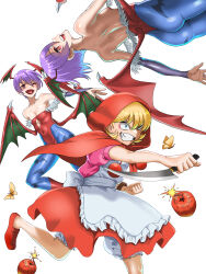 Rule 34 | 2girls, apple, artist request, ass, attack, bare shoulders, battle, blonde hair, bloomers, blue eyes, bomb, boots, breasts, bridal gauntlets, bulleta, capcom, clenched teeth, crazy, crazy eyes, crazy grin, demon girl, dodging, dress, explosive, food, fruit, head wings, highres, knife, leotard, lilith aensland, medium breasts, multiple girls, open mouth, pantyhose, purple hair, red eyes, reverse grip, short hair, small breasts, smile, teeth, underwear, vampire (game), wings