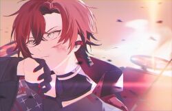 Rule 34 | 1boy, bishounen, black choker, black gloves, choker, closed mouth, earpiece, gloves, hand up, highres, holostars, holostars english, machina x flayon, male focus, outdoors, red hair, short hair, solo, upper body, wiping mouth, xmayo0x