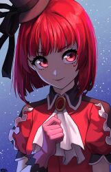 Rule 34 | 1girl, absurdres, arima kana, closed mouth, dress, gloves, happy, hat, highres, idol, idol clothes, looking to the side, oshi no ko, pink gloves, red eyes, red hair, short hair, smile, x xith x