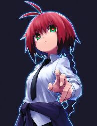 Rule 34 | 1girl, antenna hair, black background, black hair, black necktie, braid, breasts, clothes around waist, collared shirt, green eyes, hair between eyes, highres, kill me baby, long sleeves, looking at viewer, medium breasts, multicolored hair, necktie, outline, red hair, red pupils, shirt, simple background, single braid, small breasts, solo, unused character (kill me baby), upper body, white shirt, yachima tana