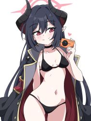Rule 34 | 1girl, absurdres, bikini, black bikini, black coat, black hair, black horns, blue archive, blush, camera, chiaki (blue archive), closed mouth, coat, coat on shoulders, collarbone, demon horns, halo, heart, highres, holding, holding camera, horns, long hair, mangyu0111, pointy ears, red eyes, red halo, simple background, smile, solo, swimsuit, white background