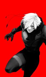 Rule 34 | absurdres, armor, barcode, barcode tattoo, black eyes, black gloves, closed mouth, gloves, greyscale, greyscale with colored background, hair over one eye, heart gear, highres, male focus, monochrome, pauldrons, red background, shoulder armor, simple background, tattoo, tsuyoshi takaki, white hair