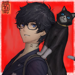 Rule 34 | 10s, 1boy, amamiya ren, backpack, bag, black-framed eyewear, black cat, black hair, cat, dated, from side, glasses, highres, ikeda (cpt), jacket, looking at viewer, looking to the side, male focus, morgana (persona 5), parted lips, persona, persona 5, purple eyes, purple jacket, red background, smile, solo, turtleneck, upper body