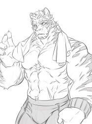 Rule 34 | 1boy, abs, animal ears, arknights, bara, bulge, cowboy shot, furry, furry male, greyscale, highres, large pectorals, looking at viewer, male focus, monochrome, mountain (arknights), muscular, muscular male, navel, navel hair, neilos, nipples, pectorals, scar, scar across eye, scar on face, scar on stomach, topless male, short hair, shorts, solo, stomach, thick eyebrows, tiger boy, tiger ears, towel, towel around neck, white fur, white hair, wristband