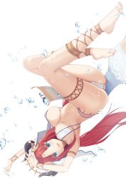Rule 34 | 1girl, :d, alternate costume, anklet, aqua eyes, areola slip, armlet, arms up, bikini, breasts, covered erect nipples, dutch angle, feet, full body, genshin impact, highres, horns, jewelry, joko jmc, large breasts, legs up, long hair, looking at viewer, multi-strapped bikini, nail polish, nilou (genshin impact), open mouth, red hair, simple background, smile, solo, string bikini, swimsuit, thighlet, toenail polish, toenails, toes, twintails, upside-down, veil, water, water drop, white background, white bikini