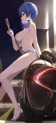 Rule 34 | 1girl, azur lane, backless outfit, bag, bare arms, bare legs, bare shoulders, blue hair, breasts, car, champagne flute, cup, day, dress, drinking glass, earrings, from side, gradient hair, grey dress, grey footwear, hair ornament, hand up, handbag, high heels, highres, holding, huhi (huhi 1211), jewelry, large breasts, legs, long hair, long legs, motor vehicle, multicolored hair, navel, night, no bra, official alternate costume, open mouth, outdoors, profile, red eyes, revealing clothes, sideboob, sideless outfit, sidelocks, sitting, solo, sports car, st. louis (azur lane), st. louis (luxurious wheels) (azur lane), stomach, strap gap, thighs, toeless footwear, wavy hair