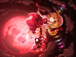 Rule 34 | 1girl, ascot, blonde hair, cloud, dress, fang, female focus, flandre scarlet, full moon, hat, hatomura (tareneko club), highres, laevatein, long hair, looking at viewer, mary janes, moon, open mouth, red dress, red eyes, red moon, shoes, side ponytail, sky, solo, touhou, wings
