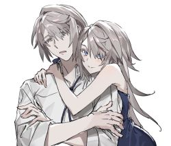 Rule 34 | 1boy, 1girl, annoyed, bare shoulders, blue eyes, blue neckwear, blush, closed mouth, collarbone, crossed arms, grey hair, hair between eyes, hug, human homeosta, long hair, looking at viewer, original, parted lips, simple background, sketch, sleeves rolled up, upper body, white background, yellow pupils