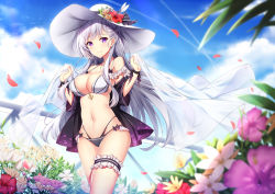 Rule 34 | 1girl, alternate costume, azur lane, belfast (azur lane), bikini, black bikini, black bow, black jacket, blue sky, blush, bow, braid, breasts, bridal garter, cleavage, closed mouth, cloud, collarbone, commentary request, day, fingernails, flower, hair down, halterneck, hands up, hat, hat bow, hat flower, highleg, highleg bikini, highres, holding, jacket, large breasts, long hair, looking at viewer, nail polish, navel, off shoulder, open clothes, open jacket, outdoors, petals, pink nails, purple eyes, purple flower, red flower, silver hair, sky, smile, solo, standing, striped, striped bow, sun hat, swimsuit, transparent, very long hair, white bikini, white flower, white hat, yellow flower, yuxian youka
