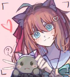 Rule 34 | 1girl, :3, ?, ahoge, animal ear fluff, animal ears, aqua eyes, blush, blush stickers, bow, bowtie, cardigan, cat ears, closed mouth, fake animal ears, green bow, green bowtie, grey sailor collar, hair between eyes, hair ornament, hair ribbon, hairclip, heart, heart hair ornament, highres, indie virtual youtuber, light brown hair, long hair, looking at viewer, neuro-sama, parted lips, pink background, pinkpink939, red ribbon, ribbon, sailor collar, school uniform, serafuku, simple background, smile, spoken question mark, turtle, two side up, upper body, v, vedal987, viewfinder, virtual youtuber, yellow cardigan