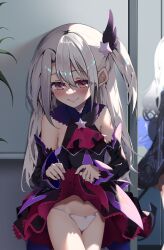 Rule 34 | 2girls, ascot, bare shoulders, black dress, blush, breasts, clothes lift, detached sleeves, dress, earrings, fate/grand order, fate/kaleid liner prisma illya, fate (series), hair ornament, highres, illyasviel von einzbern, jewelry, layered skirt, long hair, looking at viewer, melusine (fate), melusine (swimsuit ruler) (fate), melusine (swimsuit ruler) (first ascension) (fate), multiple girls, navel, one side up, panties, pei iriya, purple skirt, red eyes, red skirt, sidelocks, skirt, small breasts, smile, solo focus, testament (fate), underwear, white hair, white panties