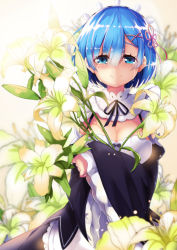 Rule 34 | 10s, 1girl, absurdres, apron, blue eyes, blue hair, blurry, bow, breasts, cleavage, crying, crying with eyes open, depth of field, detached collar, detached sleeves, dress, eyes visible through hair, floral background, flower, frilled sleeves, frills, hair ornament, hair over one eye, highres, holding, holding flower, huoyi (zzh100200), lily (flower), looking at viewer, maid, maid headdress, matching hair/eyes, medium breasts, re:zero kara hajimeru isekai seikatsu, rem (re:zero), short hair, smile, solo, tears, upper body, wide sleeves, x hair ornament, zzh100200