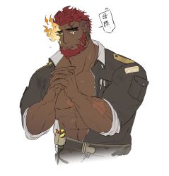 Rule 34 | 1boy, bara, beard, belt, collared jumpsuit, commentary request, cropped torso, dark-skinned male, dark skin, eggricecake, eyebrow cut, facial hair, flaming eye, forked eyebrows, grey jumpsuit, hair slicked back, hephaestus (housamo), highres, jumpsuit, korean commentary, large pectorals, male focus, mixed-language commentary, open jumpsuit, own hands clasped, own hands together, partial commentary, pectorals, pliers, red hair, scar, scar on arm, scar on chest, scar on head, screwdriver, short hair, simple background, sleeves rolled up, solo, speech bubble, tears, thick eyebrows, tokyo houkago summoners, translated, white background, yellow eyes
