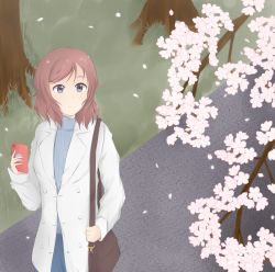 Rule 34 | 1girl, aqua sweater, artist name, artist request, blue pants, blush, carrying, carrying bag, cellphone, collared jacket, female focus, hair between eyes, highres, holding, holding phone, jacket, looking at viewer, love live!, love live! school idol project, nishikino maki, outdoors, pants, petals, phone, purple eyes, red hair, sanmaru, short hair, smile, solo, sweater, tree, white jacket