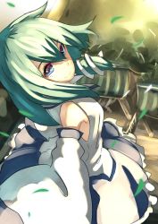 Rule 34 | 1girl, bare shoulders, blue dress, blue eyes, breasts, building, detached sleeves, dress, eyelashes, floating, from above, from behind, green hair, hair ornament, hashiro, kochiya sanae, leaf, light, long hair, looking at viewer, looking back, small breasts, smile, snake hair ornament, solo, standing, sunlight, touhou, tree, vest, wind