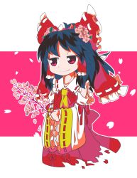 Rule 34 | 1girl, ascot, black hair, bow, branch, byourou, cherry blossoms, detached sleeves, flower, flower on head, hair bow, hair flower, hair ornament, hair tubes, hakurei reimu, long hair, petals, red eyes, ribbon, smile, solo, touhou