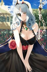 Rule 34 | 1girl, bare shoulders, black dress, blush, breasts, carmilla (fate), chain, cleavage, closed mouth, curly hair, dress, fate/grand order, fate (series), flower, headpiece, highres, jewelry, large breasts, long hair, looking at viewer, mask, nicky w, pendant, rose, silver hair, slit pupils, smile, solo, staff, sunlight, yellow eyes