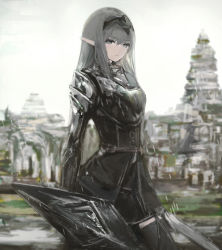 Rule 34 | 1girl, absurdres, armor, black thighhighs, breastplate, day, elf, expressionless, fantasy, female focus, female knight, grey eyes, grey hair, headgear, highres, holding, holding shield, holding sword, holding weapon, knight, long hair, original, outdoors, overcast, pointy ears, ruins, shield, sky, solo, sword, thighhighs, tuda6, weapon