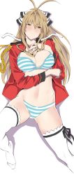 1girl, aiguillette, amagi brilliant park, antenna hair, bra, breasts, brown eyes, brown hair, cleavage, commentary request, full body, hair ribbon, highres, kimuwaipu, large breasts, long hair, lying, open clothes, open shirt, panties, ponytail, red shirt, ribbon, sento isuzu, shirt, solo, striped, striped bra, striped panties, thighhighs, underwear, white legwear