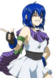 Rule 34 | 1girl, bealphareth, blue eyes, blue hair, dress, fang, fingerless gloves, gloves, grin, hair between eyes, highres, jessica (bealphareth), jewelry, looking at viewer, necklace, one eye closed, pointing, scarf, short dress, short hair, simple background, smile, solo, tsukimura (ti-ki-n), white background, white dress
