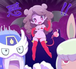 Rule 34 | 1boy, 2girls, animal ears, bikini, blush stickers, breasts, brown hair, bunny mint, demon tail, demon wings, elbow gloves, fangs, gloves, long hair, medium breasts, micro bikini, multiple girls, navel, nollety, open mouth, pink eyes, pointy ears, rabbit ears, red bikini, red gloves, red thighhighs, sakichan, skyshariman, swimsuit, tail, thighhighs, wings, youkai (youkai watch), youkai watch
