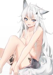 Rule 34 | 1girl, :3, :d, absurdres, animal ears, arknights, barefoot, black shorts, breasts, commentary request, grey eyes, hair ornament, hairclip, highres, knee up, kotoha (kotoha65), lappland (arknights), long hair, looking at viewer, material growth, medium breasts, messy hair, open mouth, oripathy lesion (arknights), scar, scar across eye, scar on face, shorts, simple background, sitting, smile, solo, tail, topless, white background, wolf ears, wolf girl, wolf tail