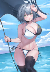 Rule 34 | 1girl, arm up, bare arms, bare shoulders, bikini, black thighhighs, blush, braid, breasts, cleavage, commentary request, flag, grey hair, highres, holding, holding flag, hololive, large breasts, looking at viewer, ocean, outdoors, parted lips, shirogane noel, shirogane noel (summer 2020), short hair, shougun (chuckni1), side-tie bikini bottom, smile, solo, swimsuit, thighhighs, thighs, two-tone bikini, virtual youtuber, water