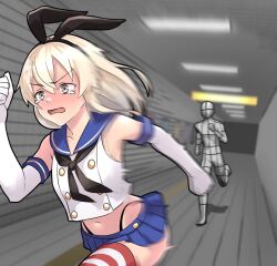 Rule 34 | 1girl, 1other, black panties, blonde hair, elbow gloves, fleeing, furaggu (frag 0416), gloves, hairband, highleg, kantai collection, long hair, panties, running, school uniform, shimakaze (kancolle), skirt, striped clothes, striped thighhighs, subway station, tears, the exit 8, thighhighs, underwear, white gloves