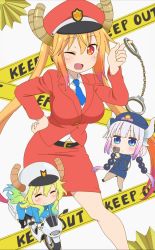 Rule 34 | 10s, 3girls, absurdres, beads, blonde hair, blush, breasts, caution tape, chibi, cuffs, dragon girl, dragon horns, english text, female service cap, formal, gradient hair, green hair, gun, hair beads, hair ornament, handcuffs, handgun, hat, helmet, highres, horns, kanna kamui, keep out, kobayashi-san chi no maidragon, large breasts, light purple hair, long hair, low twintails, lucoa (maidragon), miniskirt, motor vehicle, motorcycle, multicolored hair, multiple girls, necktie, one eye closed, pantyhose, peaked cap, pencil skirt, police, police hat, police uniform, screencap, skirt, smile, stitched, suit, third-party edit, tohru (maidragon), twintails, uniform, weapon
