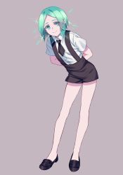 Rule 34 | 1other, androgynous, arms behind back, artist request, bad id, bad pixiv id, colored eyelashes, gem uniform (houseki no kuni), glowing, glowing hair, green eyes, green hair, grey background, houseki no kuni, leaning forward, looking at viewer, necktie, phosphophyllite, short hair, smile, solo, sparkle, suspenders