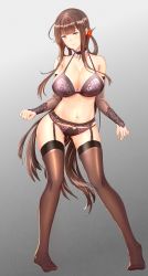 Rule 34 | 157197947, 1girl, ahoge, alternate hairstyle, blunt bangs, blush, breasts, brown hair, brown thighhighs, choker, cleavage, closed mouth, commentary request, detached sleeves, dsr-50 (girls&#039; frontline), flower, garter belt, garter straps, girls&#039; frontline, gluteal fold, groin, hair flower, hair ornament, hair rings, highres, large breasts, long hair, looking at viewer, navel, red eyes, sidelocks, smile, solo, standing, stomach, thighhighs, underwear, underwear only, very long hair
