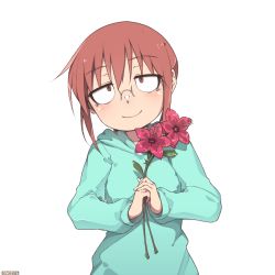 Rule 34 | 1girl, aqua hoodie, bad id, bad pixiv id, breasts, closed mouth, flower, glasses, head tilt, holding, holding flower, kobayashi-san chi no maidragon, kobayashi (maidragon), looking at viewer, medium hair, once 11h, own hands together, red eyes, red hair, simple background, small breasts, smile, solo, standing, upper body, white background