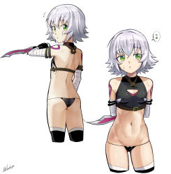 Rule 34 | 2girls, absurdres, arms behind back, ass, bare shoulders, black legwear, breasts, butt crack, cleavage cutout, clothing cutout, covered erect nipples, cowboy shot, cropped legs, fate/apocrypha, fate/grand order, fate (series), from behind, green eyes, grey hair, highres, jack the ripper (fate/apocrypha), looking at viewer, looking back, mr.thunderigor, multiple girls, navel, scar, scar across eye, scar on face, signature, simple background, small breasts, standing, thighhighs, white background