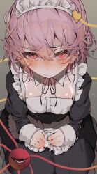 Rule 34 | 1girl, absurdres, alternate costume, apron, black dress, blush, breasts, cleavage, closed mouth, commentary request, dress, enmaided, eyeball, hair between eyes, hair ornament, heart, heart hair ornament, highres, komeiji satori, long sleeves, looking at viewer, maid, maid headdress, pink eyes, pink hair, purple eyes, purple hair, short hair, small breasts, solo, third eye, touhou, tsune (tune)