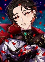 Rule 34 | 1boy, asymmetrical hair, brown hair, cape, chain, earrings, fangs, fangs out, gloves, gold chain, highres, jewelry, looking at viewer, male focus, multicolored hair, nu carnival, petals, red cape, red eyes, red hair, rose petals, short gloves, short hair, smile, vampire, windy, yadome810, yakumo (nu carnival)