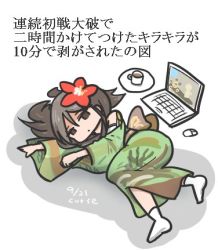 Rule 34 | 1girl, amagi (kancolle), amagi pose, artist name, blank eyes, blank stare, brown hair, commentary, cup, curse (023), dated, flower, full body, green kimono, hair between eyes, hair flower, hair ornament, japanese clothes, kantai collection, kimono, long hair, long sleeves, lowres, lying, mouse (computer), notebook, off shoulder, on side, shadow, simple background, solo, tabi, teacup, translated, truth, white background, white legwear, wide sleeves