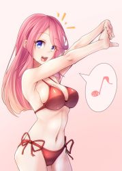 Rule 34 | 1girl, bikini, breasts, commentary request, contrapposto, cowboy shot, eighth note, gradient background, highres, jikkyou powerful pro yakyuu, long hair, looking at viewer, medium breasts, musical note, nanasshii, navel, open mouth, pink background, power pro kun pocket, power pro kun pocket 9, red bikini, round teeth, side-tie bikini bottom, smile, solo, spoken musical note, standing, stretching, swimsuit, teeth, upper teeth only, white background, yamashita takako