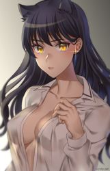 Rule 34 | 1girl, animal ears, artist name, black hair, blake belladonna, breasts, cat ears, dress shirt, earrings, covered erect nipples, grey background, highres, jewelry, kio rojine, medium breasts, open clothes, open shirt, rwby, see-through, shirt, sketch, solo, yellow eyes