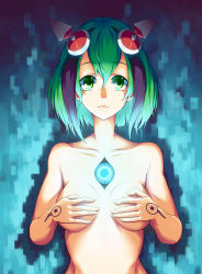 Rule 34 | 10s, 1girl, android, artist name, black hair, breasts, cleavage, closed mouth, collarbone, covering privates, covering breasts, dimension w, eyebrows, glowing, green eyes, green hair, headgear, highres, machinery, matching hair/eyes, multicolored hair, nude, shade, shigatsu itsuka, short hair, smile, solo, streaked hair, tareme, tattoo, yurizaki mira